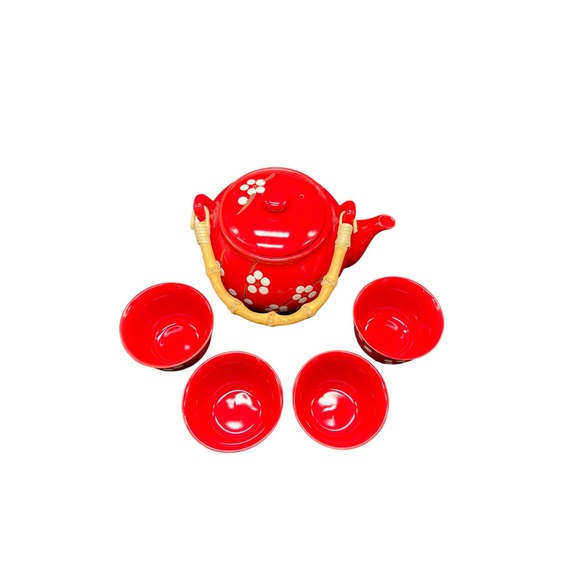 World Market Blossom Tea Set Teapot with Bamboo Handle & 4 Cups - Picture 3 of 4